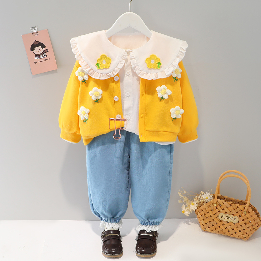 Conjunto de camisa infantil con cuello de flores