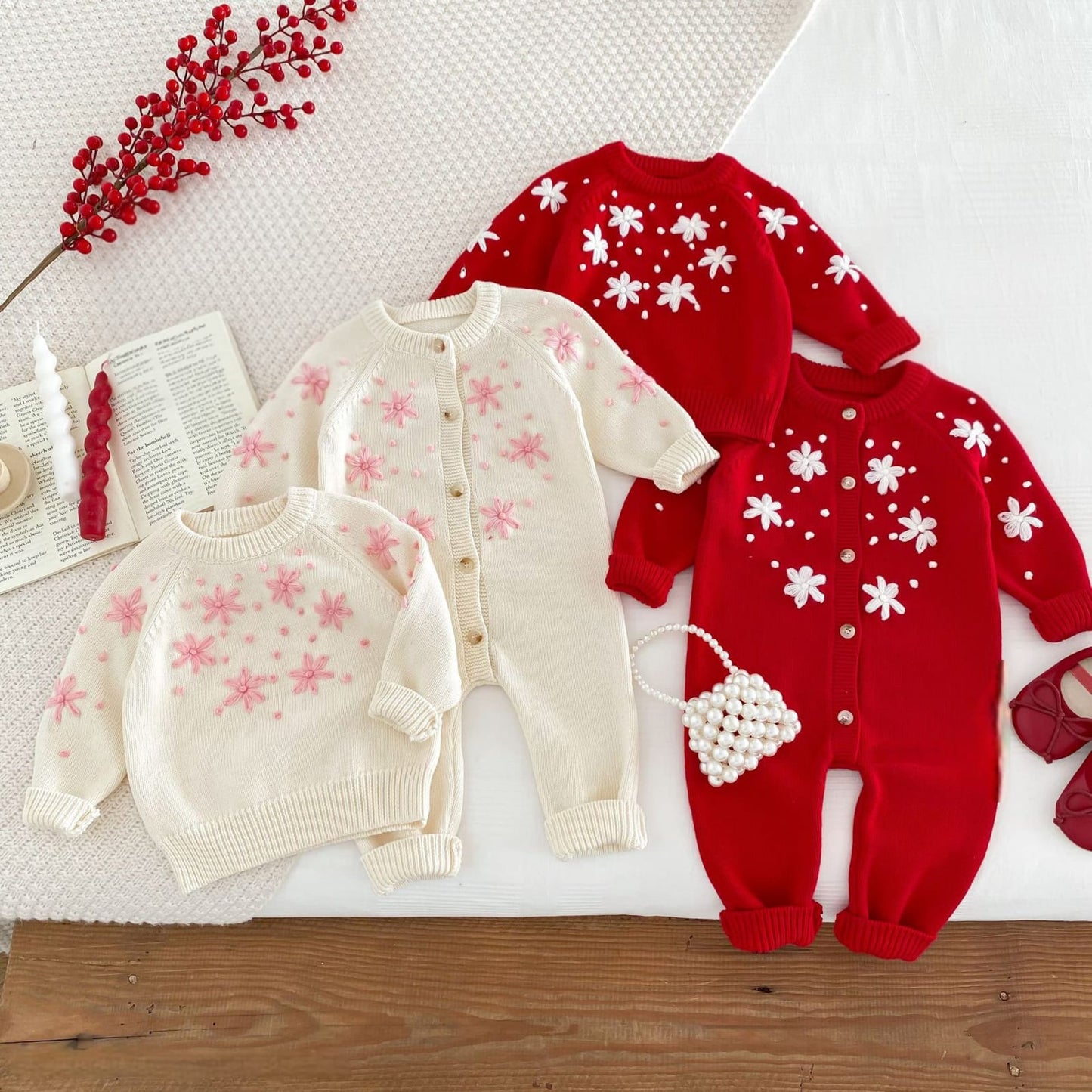 Infant Girls’ Knit Winter Romper with Flower