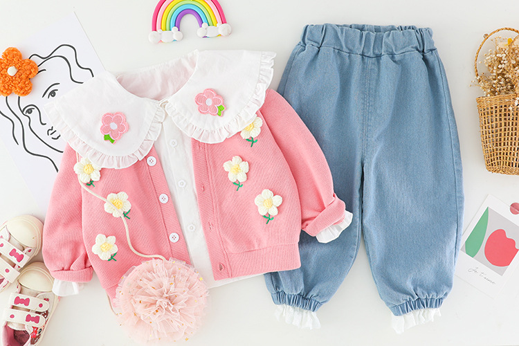 Conjunto de camisa infantil con cuello de flores