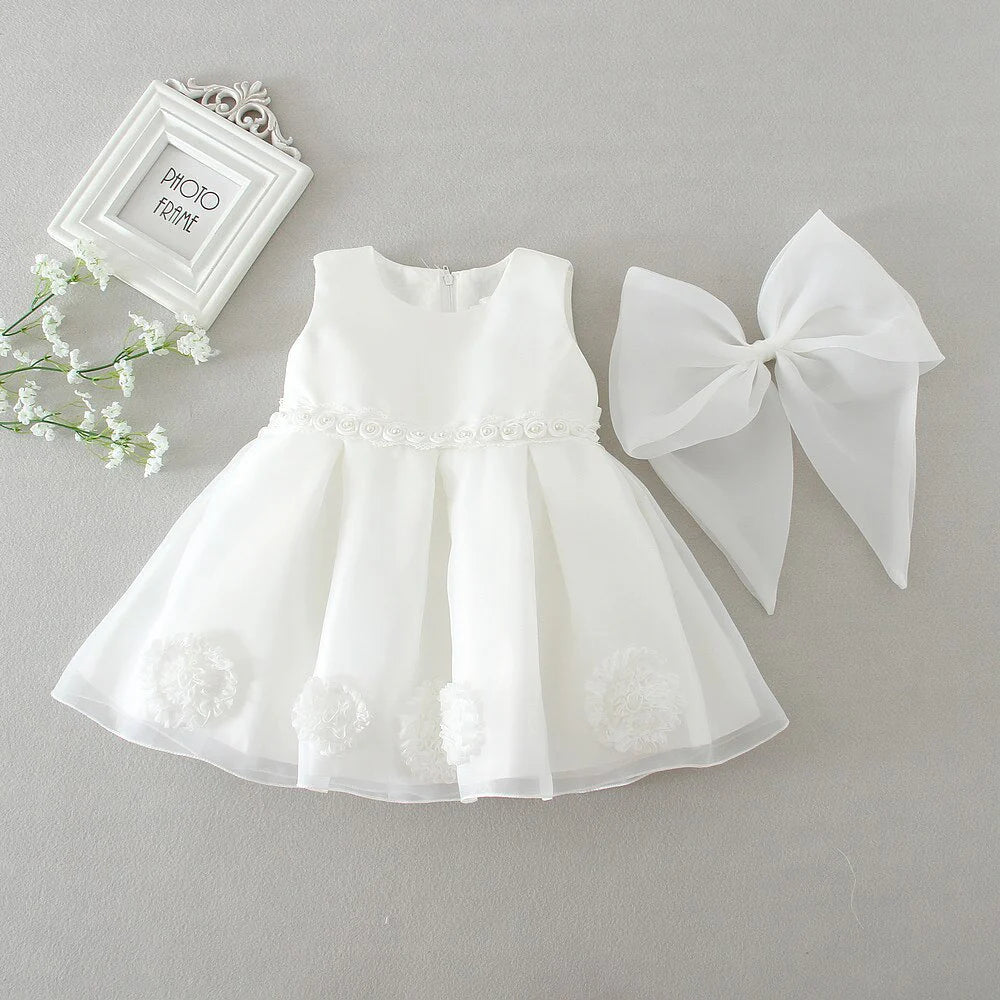 Children's White Dress with Bow and Flowers