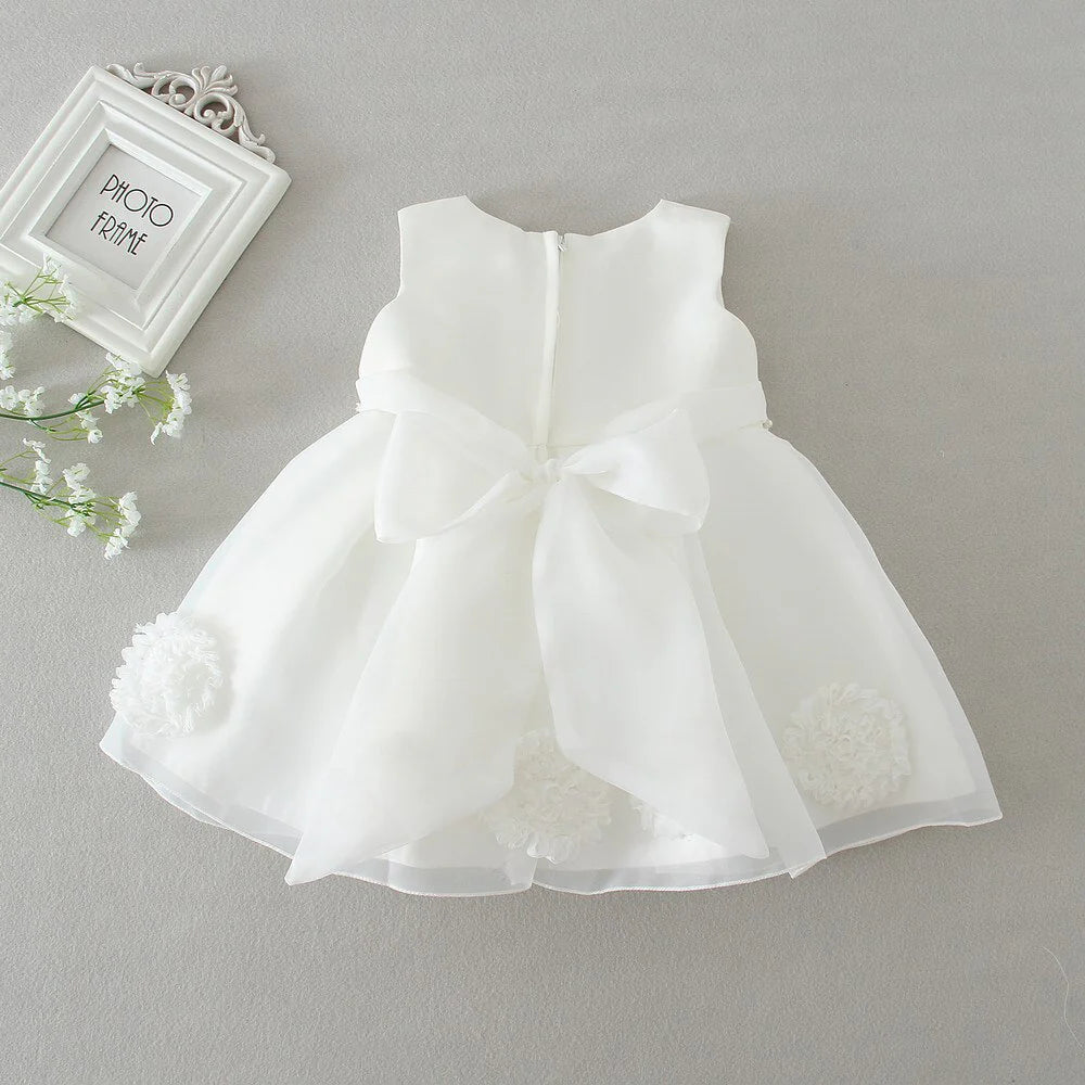 Children's White Dress with Bow and Flowers