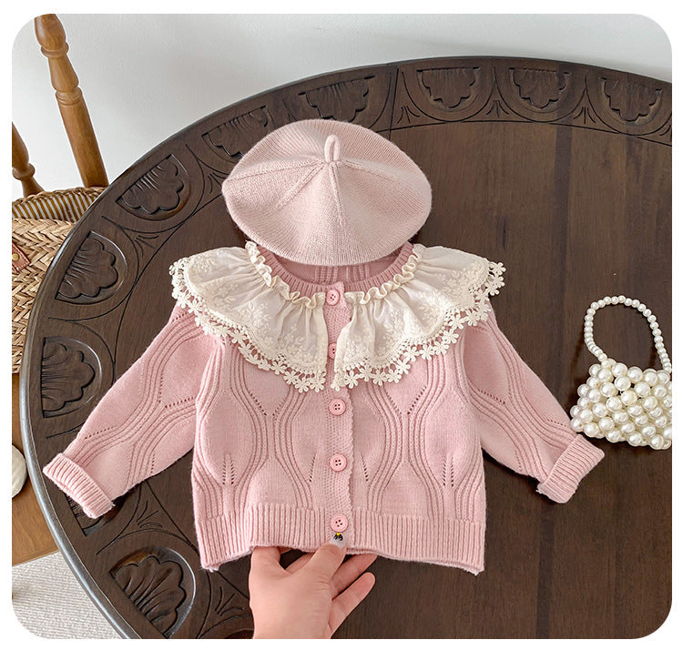 Children's Knitted Coat with Lace Collar