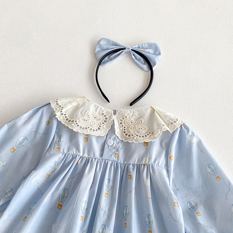Blue Children's Bodysuit/Dress with Flowers and Lace