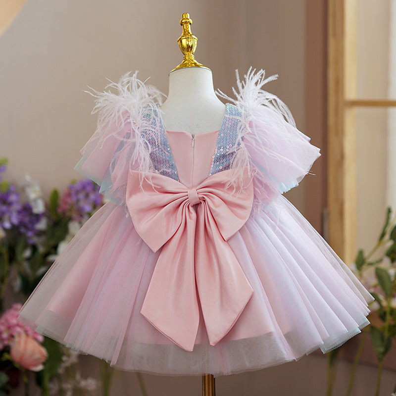 Vestido de fiesta infantil de tul, lentejuelas y piel