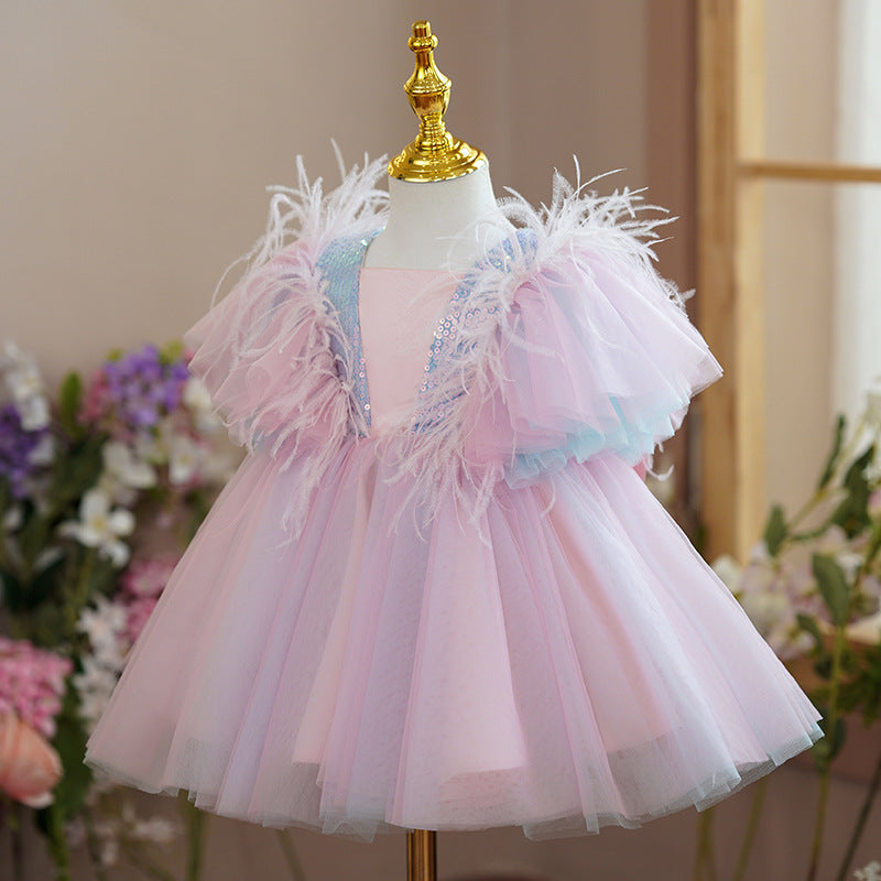 Vestido de fiesta infantil de tul, lentejuelas y piel