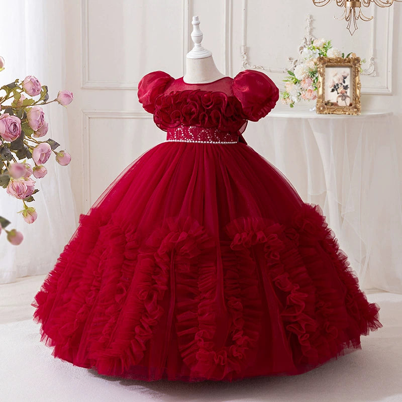 Long Children's Dress with Tulle Ruffles