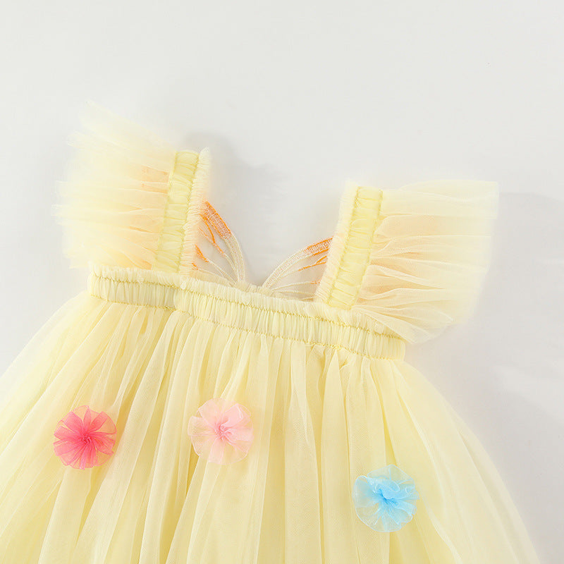 Vestido infantil de tul con alas y flores