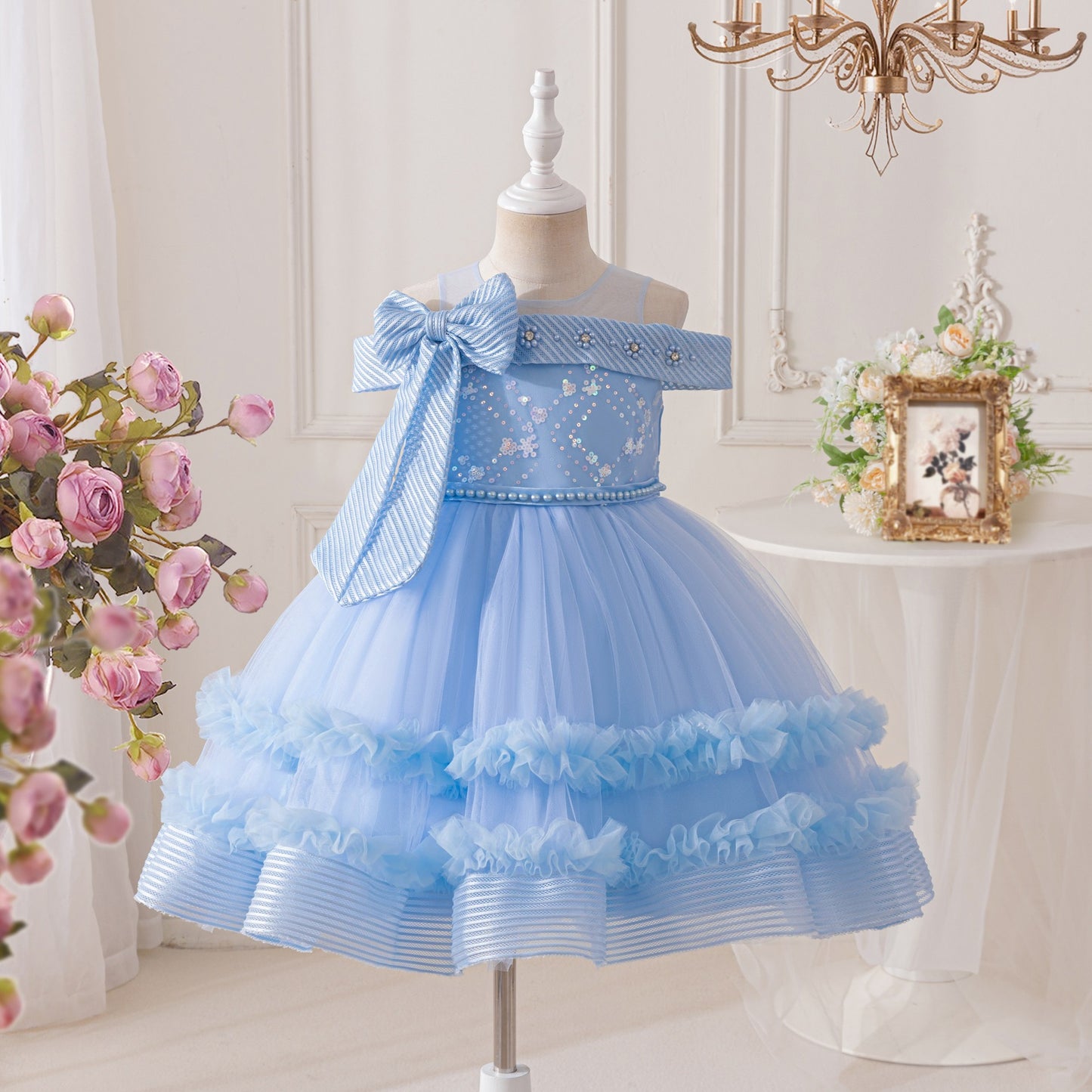 Children's Off-the-Shoulder Party Dress with Bow