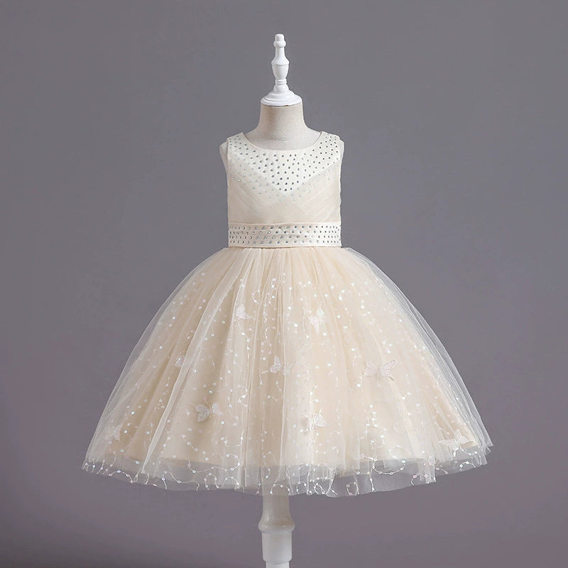 Vestido de fiesta infantil con pedrería y mariposas