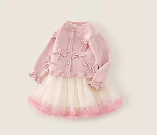Vestido de tul + cárdigan con lazo