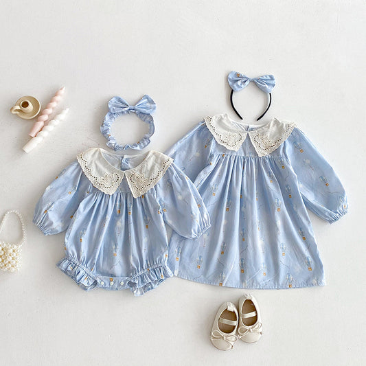 Blue Children's Bodysuit/Dress with Flowers and Lace