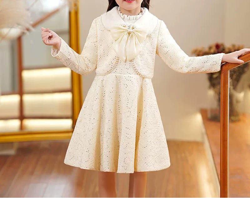 Beige Children's Dress + Romper with Bow