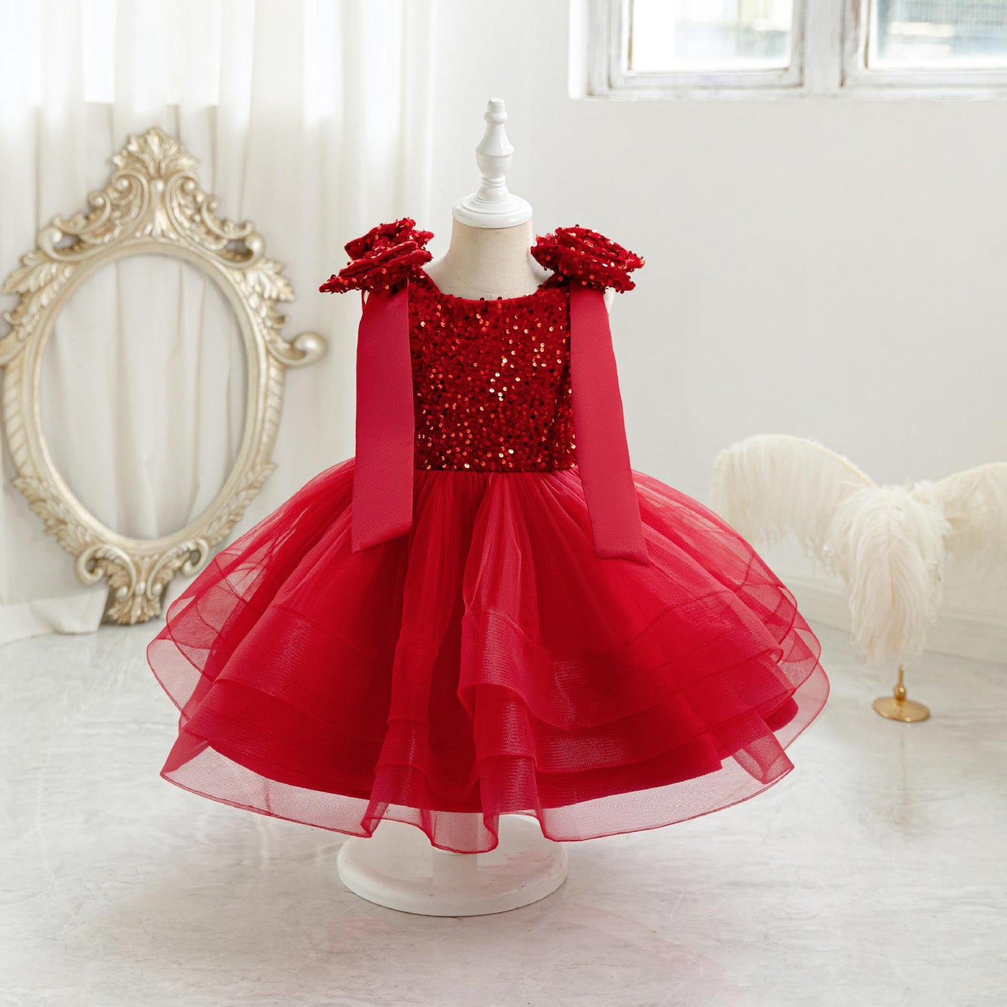 Vestido de fiesta infantil brillante con lazo