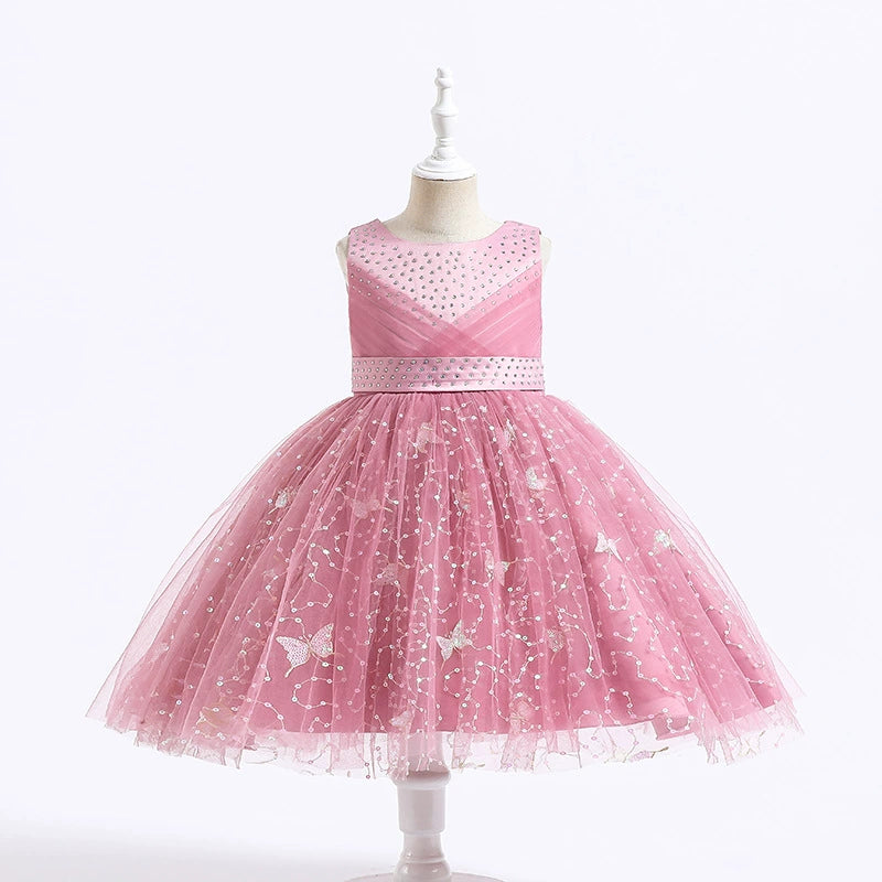 Vestido de fiesta infantil con pedrería y mariposas