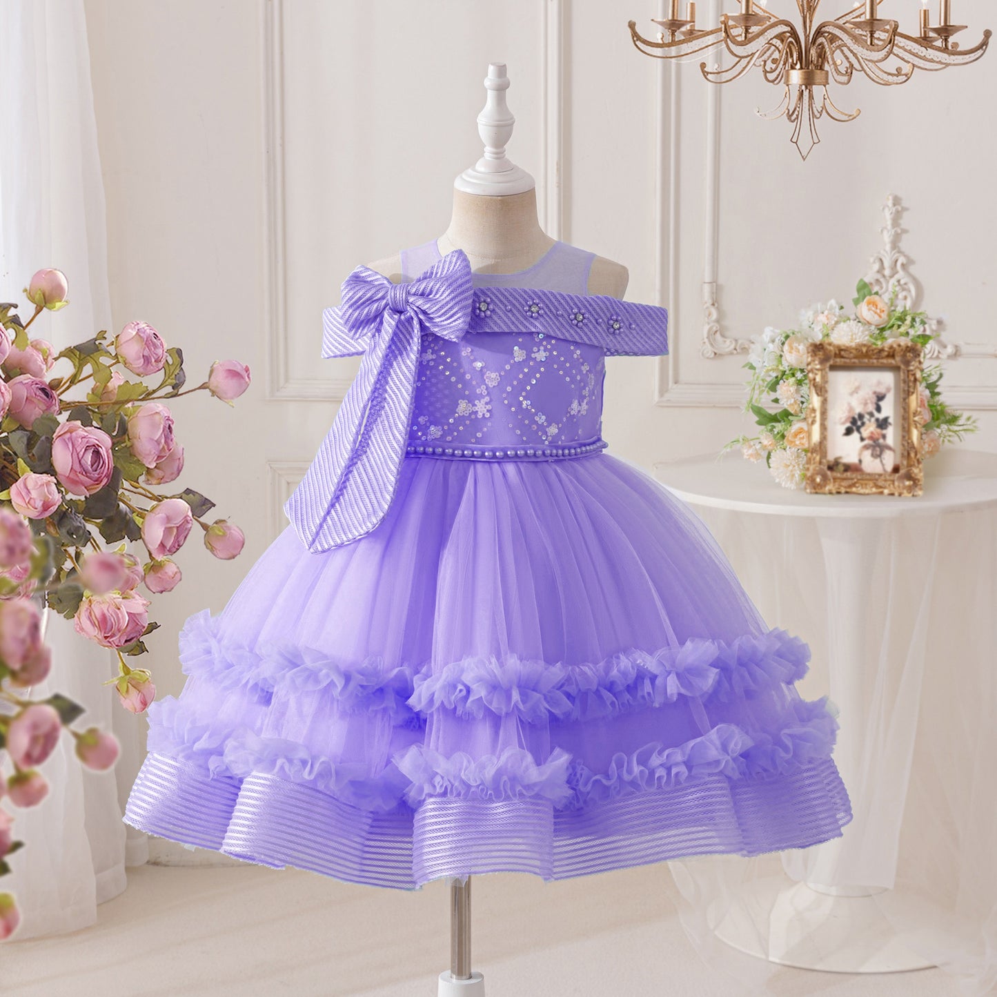 Children's Off-the-Shoulder Party Dress with Bow
