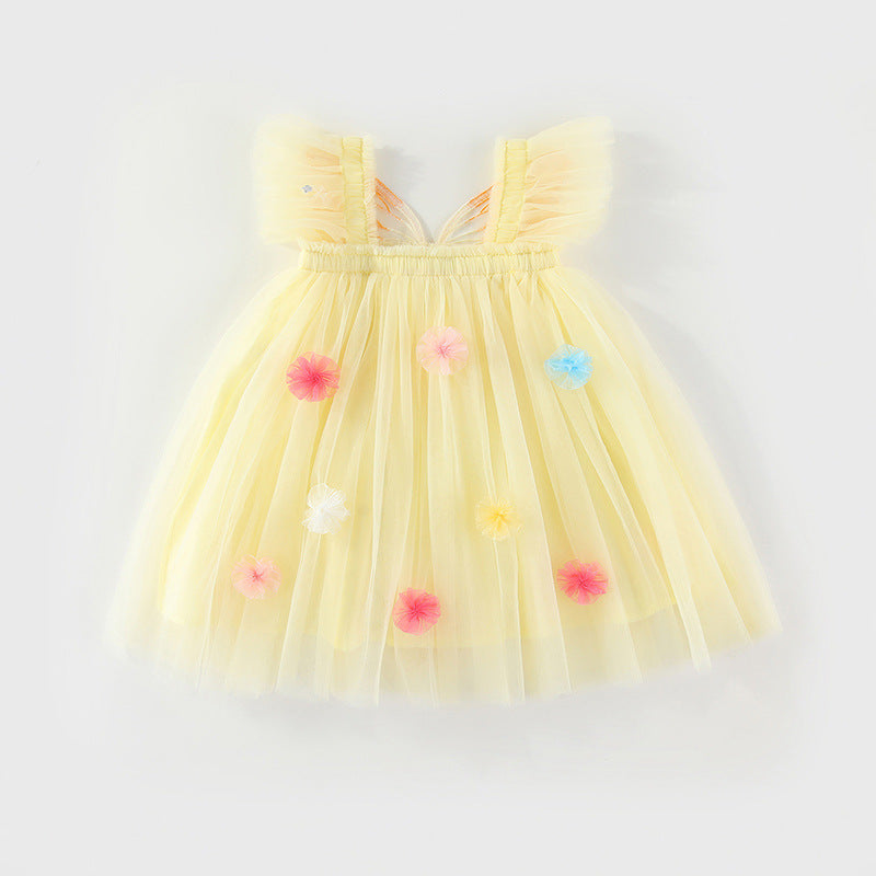 Vestido infantil de tul con alas y flores