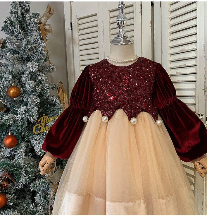 Children's Dress in Shiny Velvet and Pearls