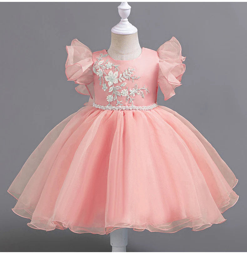 Vestido de fiesta infantil con flores y mangas voladoras