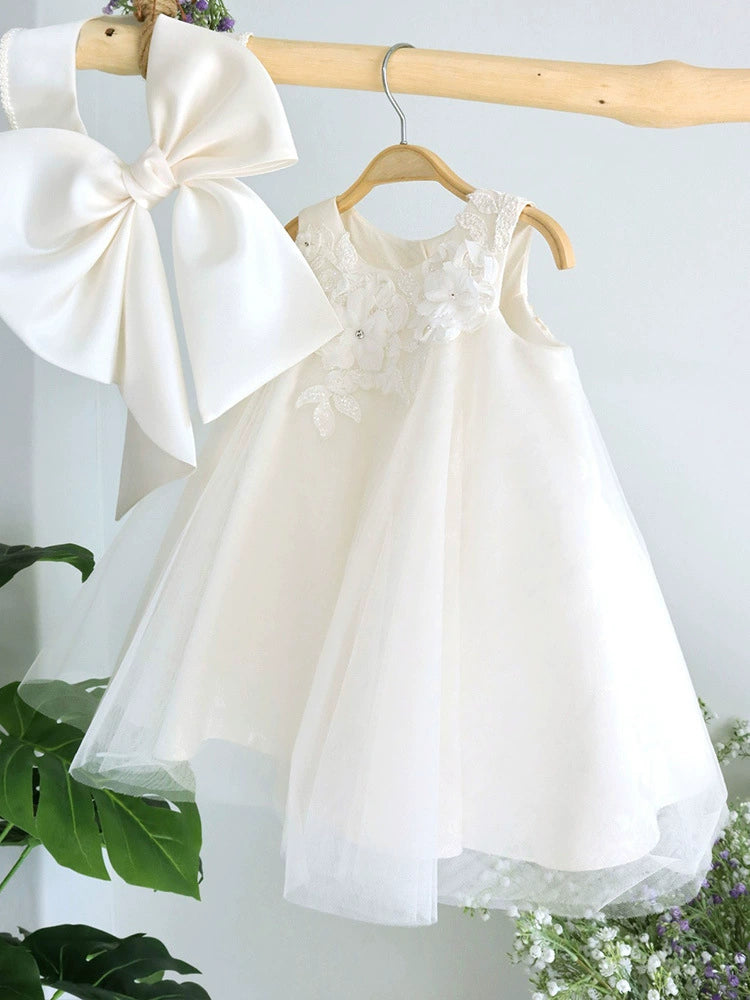White Children's Dress with Flowers and Bow