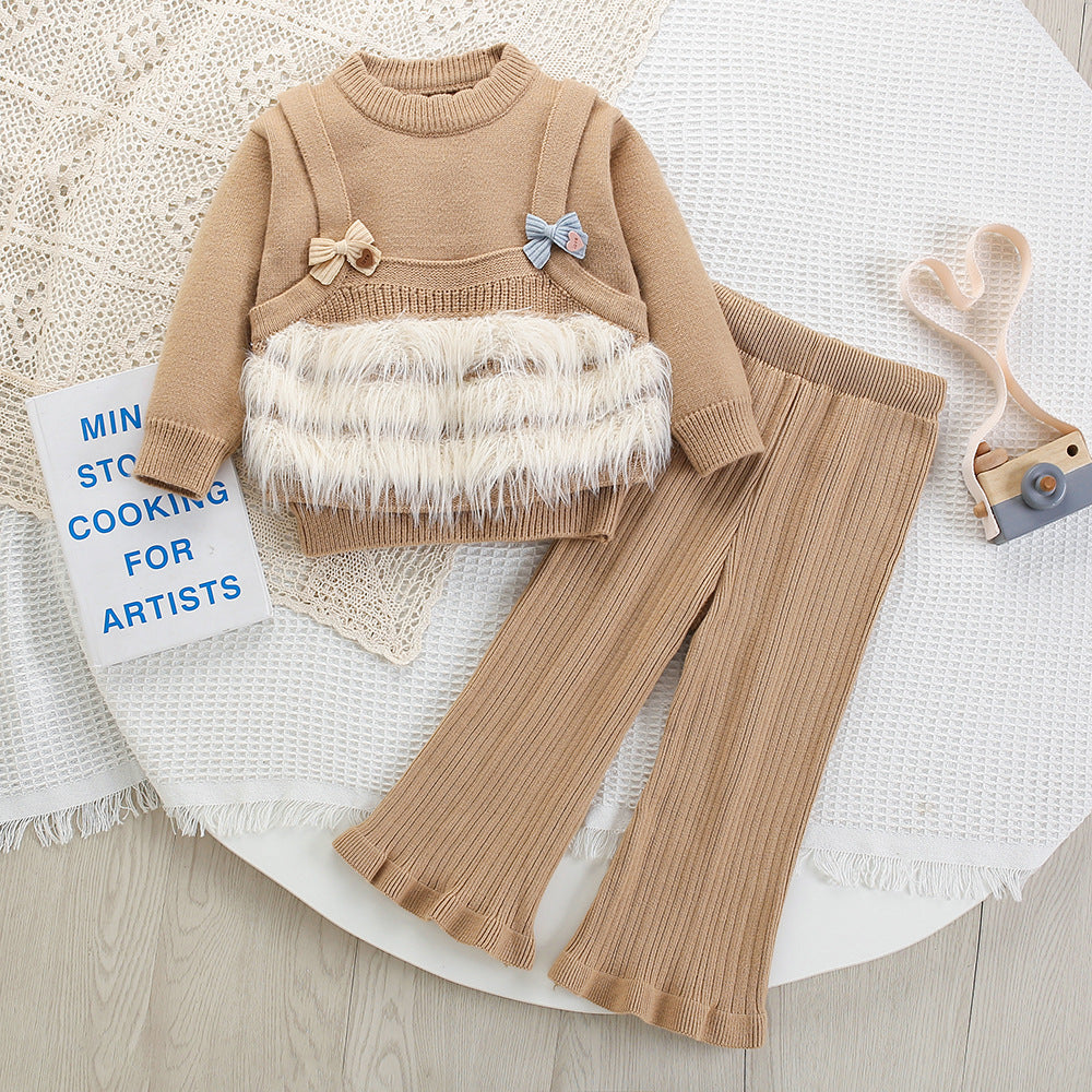 Children's Knit Set with Bow and Fur