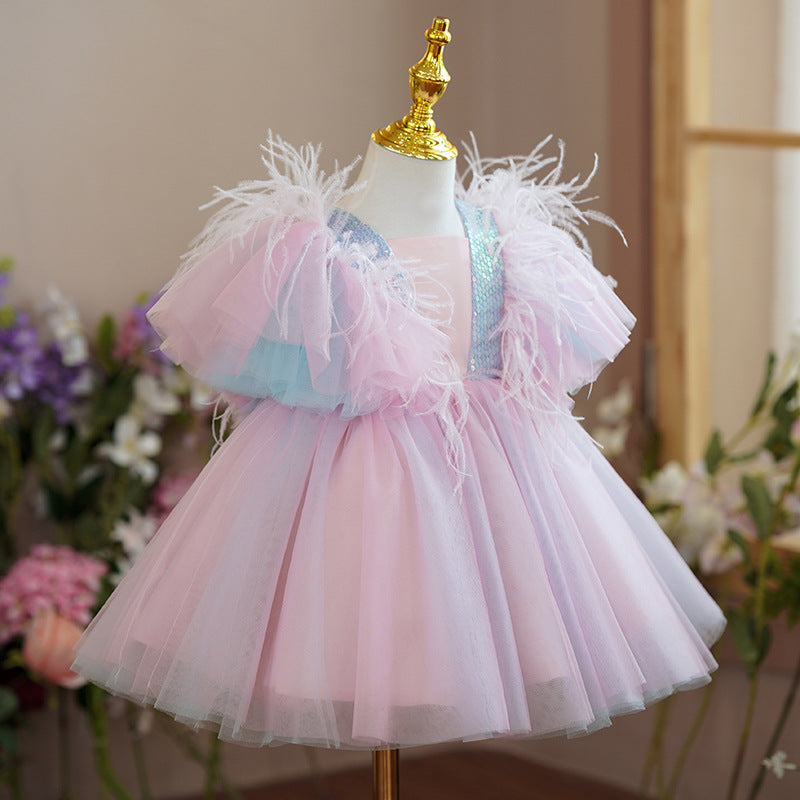Vestido de fiesta infantil de tul, lentejuelas y piel