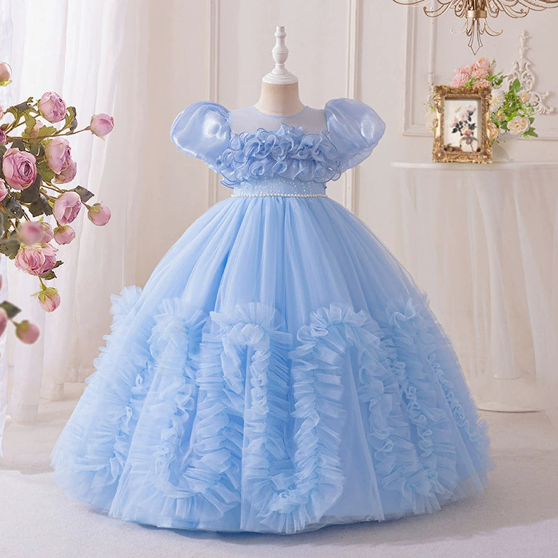 Long Children's Dress with Tulle Ruffles