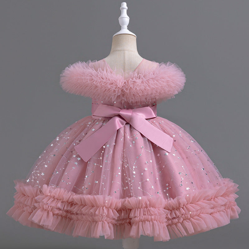 Vestido de fiesta infantil de tul con estrellitas y flores