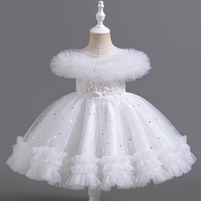 Vestido de fiesta infantil de tul con estrellitas y flores