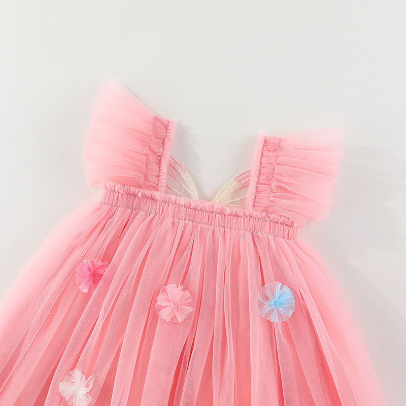 Vestido infantil de tul con alas y flores
