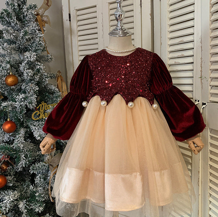Children's Dress in Shiny Velvet and Pearls