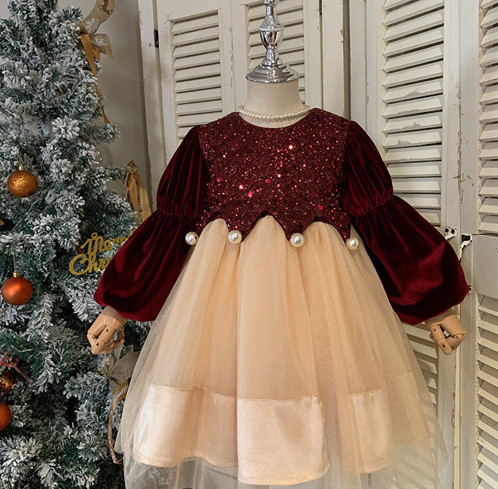 Children's Dress in Shiny Velvet and Pearls