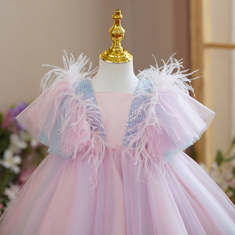 Vestido de fiesta infantil de tul, lentejuelas y piel