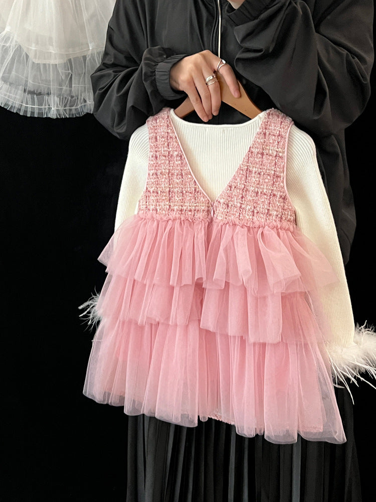 Vestido infantil de tweed con tul y blusa