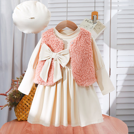 Vestido infantil + abrigo de piel con lazo