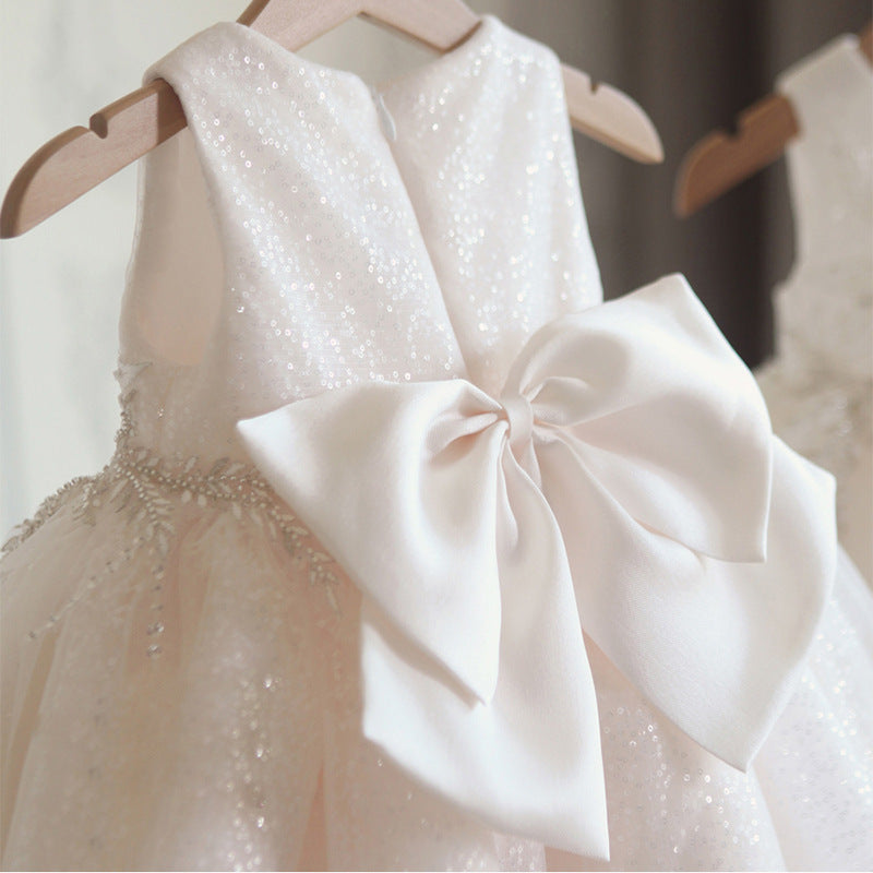 White Shiny Children's Party Dress with Flowers