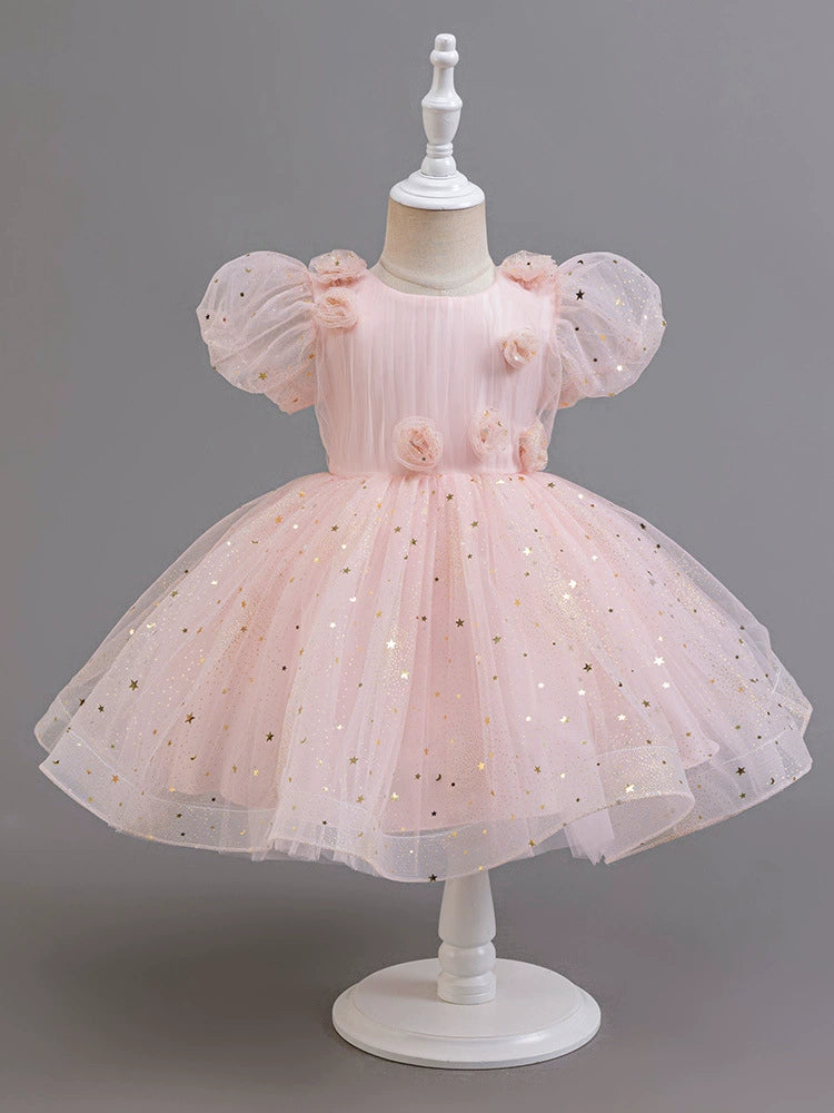 Vestido de fiesta infantil con flores y destellos