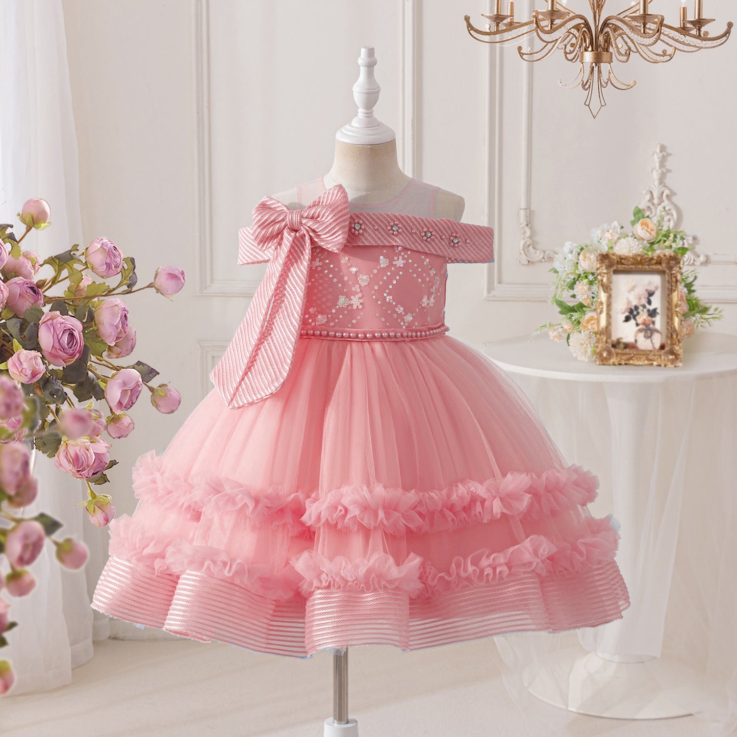 Children's Off-the-Shoulder Party Dress with Bow
