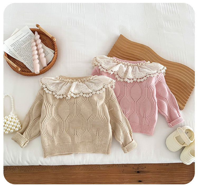 Children's Knitted Coat with Lace Collar