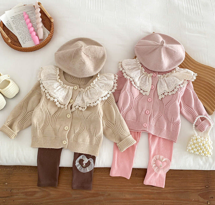 Children's Knitted Coat with Lace Collar