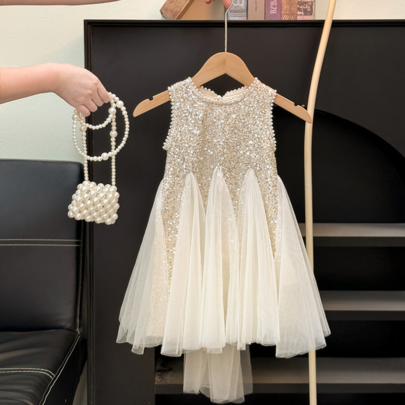 Shiny Children's Dress with Bow and Tulle
