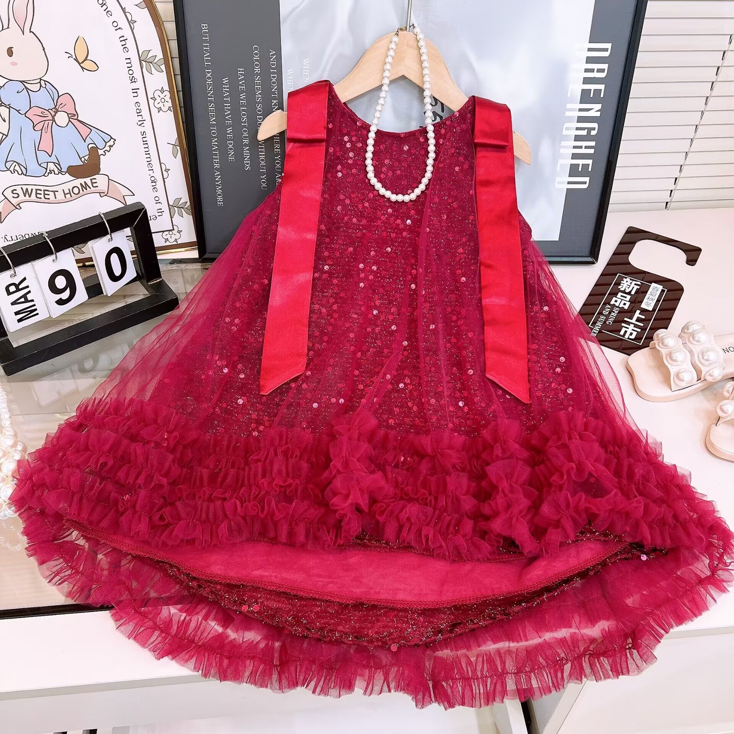 Shiny Tulle Children's Dress with Bow