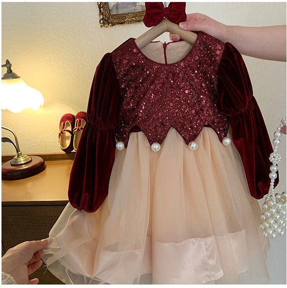 Children's Dress in Shiny Velvet and Pearls