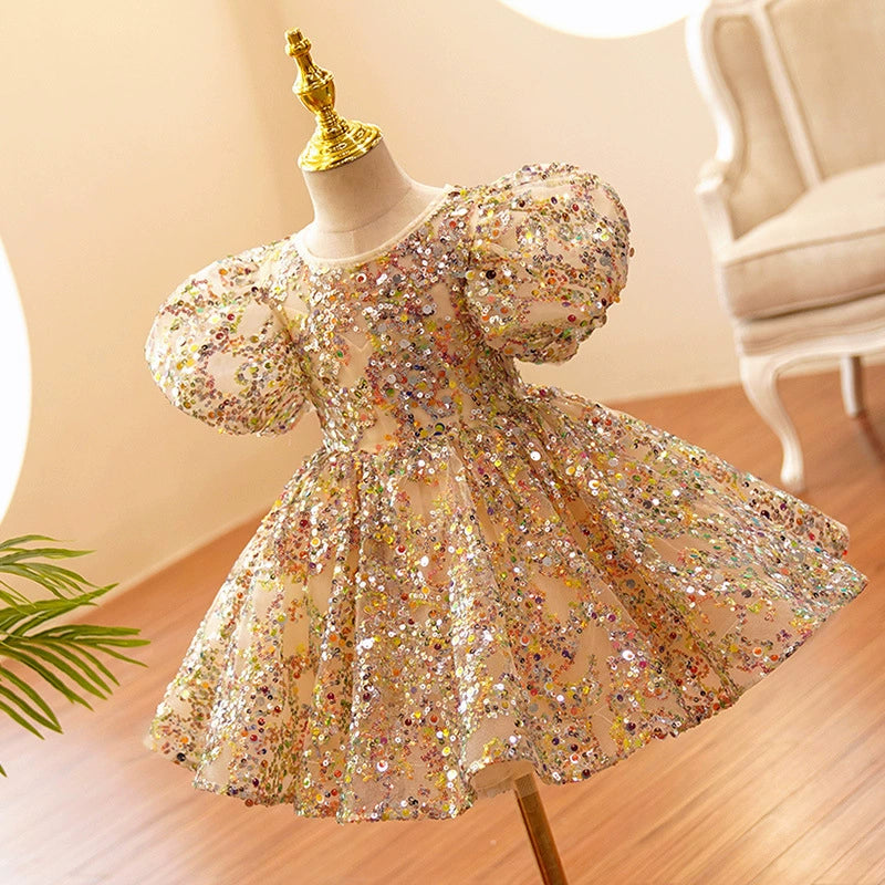 Gold Sequined Party Dress for Girls + Bow