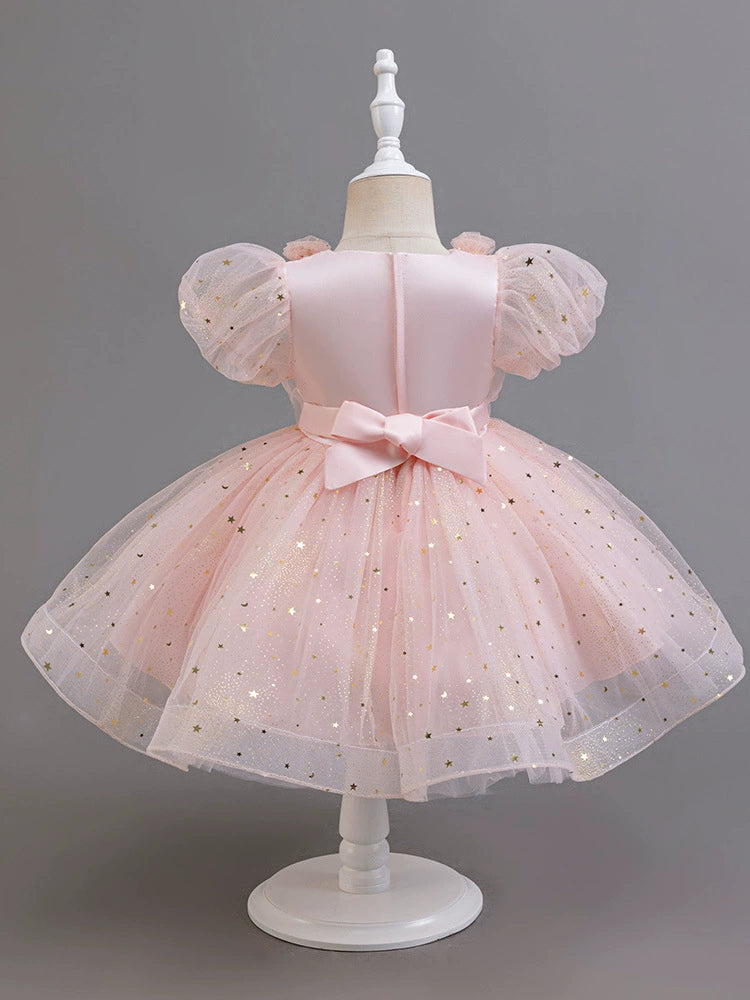 Vestido de fiesta infantil con flores y destellos