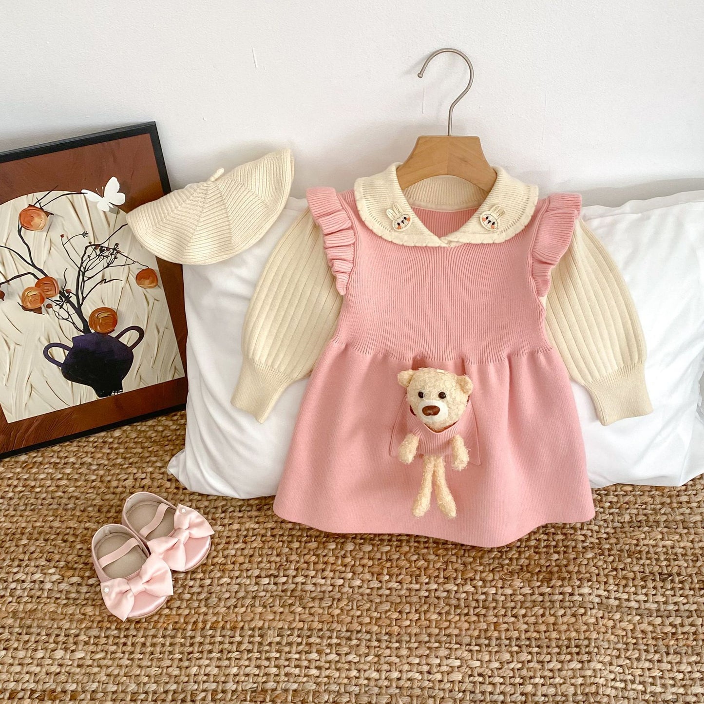 Children's Knitted Dress with Teddy Bear Collar