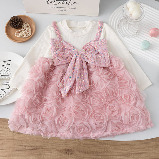 Children's Dress with Flowers and Shiny Bow