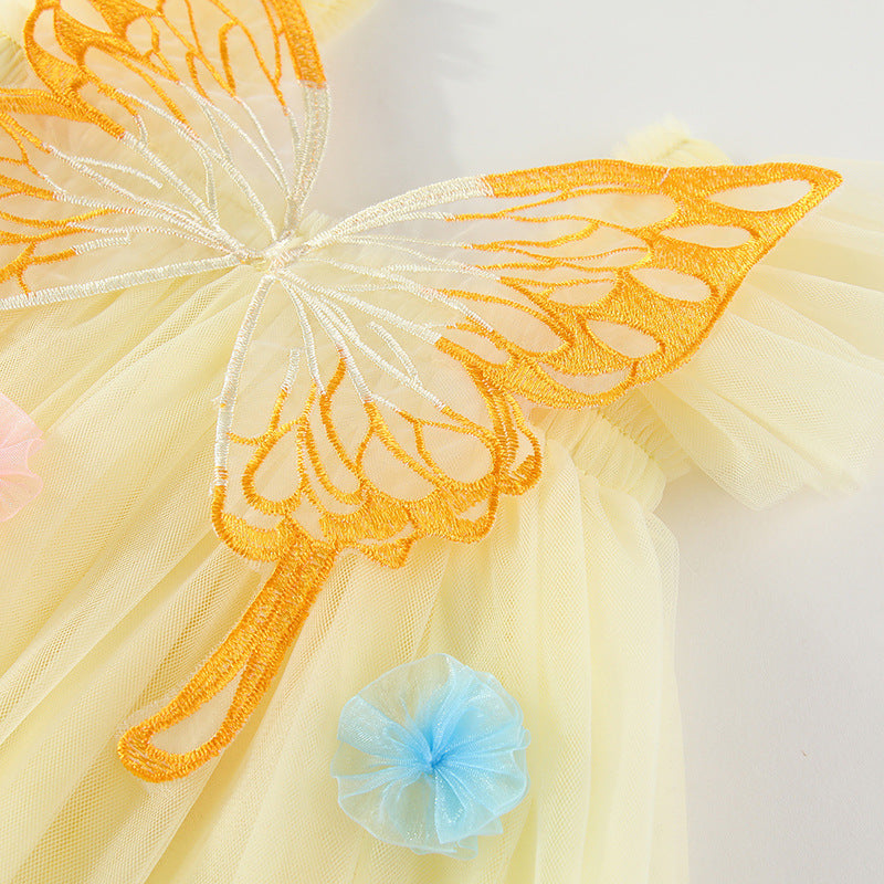 Vestido infantil de tul con alas y flores