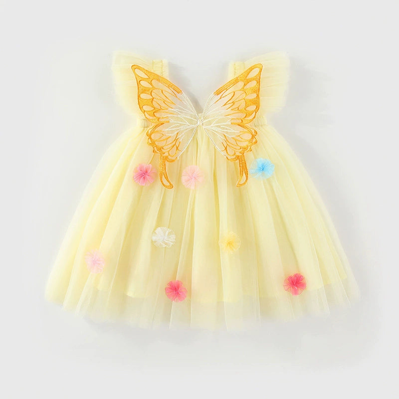 Vestido infantil de tul con alas y flores