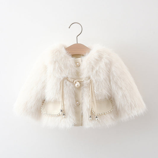 Girls’ Fur Coat with Pearl Detail