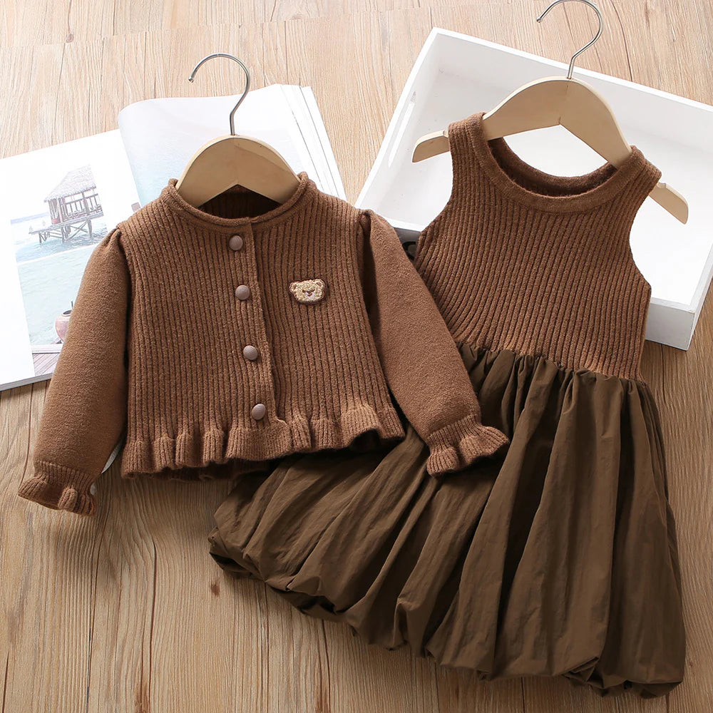 Vestido y cárdigan de osito de punto para niños